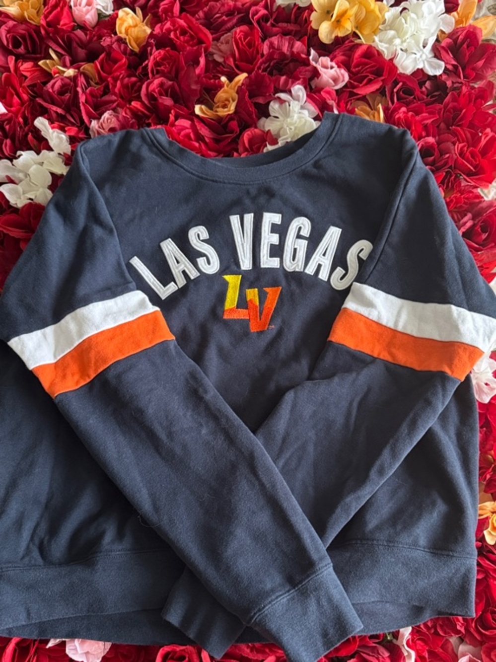 New Era Navy Sweatshirt with Orange & White Sleeve Stripes